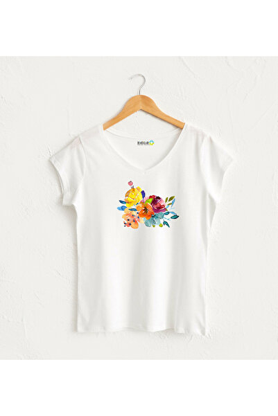 Kidilia Suluboya Renkli Buket V Yaka Kadın Tasarım T-Shirt