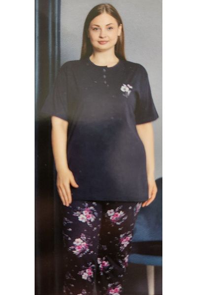 Işılay Navy Blue Oversize Short Sleeve Mother's Pajama Set - 15098