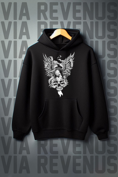 Vordevia Kangaroo Printed - 3 Thread Black Hooded Oversize Sweatshirt