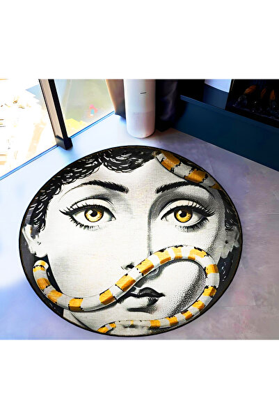 Rugs Modern Halı Black Beige Women's Face and Gold Snake Themed Woven Base Ca...