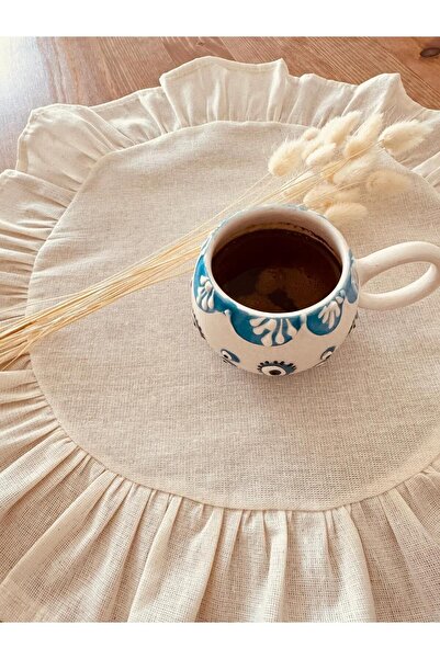 White Alamode Natural Raw Linen Frilly Round American Service Set of 6 40x40cm