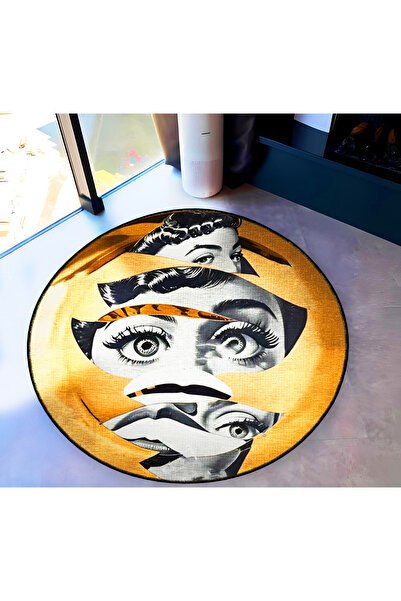 Rugs Modern Halı Round Women's Eyes and Face Pattern Woven Base Washable Carp...