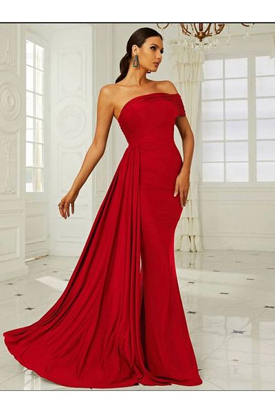 Masspera One Shoulder Asymmetrical Design Shawl Detail Maxi Length Evening Dress