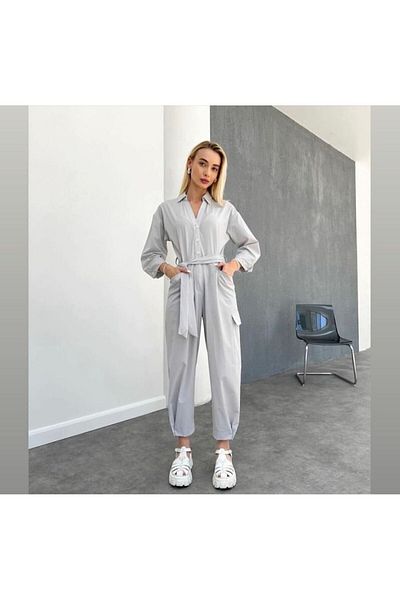 Flow Gray Parachute Fabric - Loose Jumpsuit with Cargo Pockets