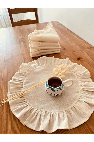 White Alamode Natural Raw Linen Frilly Round American Service Set of 6 40x40cm
