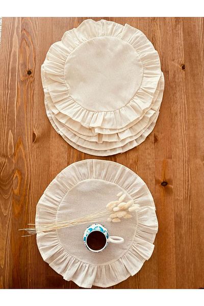 White Alamode Natural Raw Linen Frilly Round American Service Set of 6 40x40cm