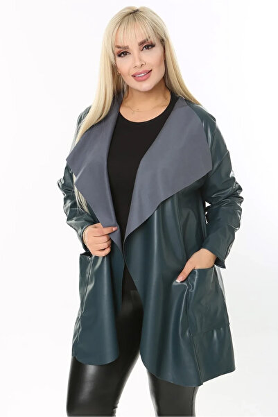 RURIS Kadın Koyu Petrol Deri Kaplama Devrik Şal Yaka Cepli Büyük Beden Ceket