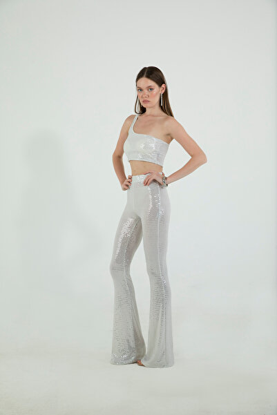 ENINTEGRATE Kadın Bej Beyaz Pullu Payet Parlak Abiye Büstiyer Tek Kol Crop Bluz Tshirt Body