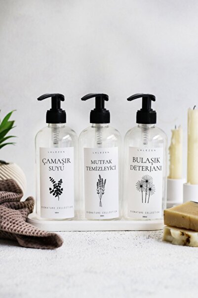 LALEZEN HOME Uzun Beyaz Stant Şeffaf Çiçekli Mutfak Temızleyicı-bulasık Deterjanı-camasır Suyu Etıketlı Set