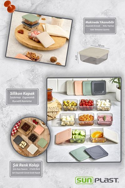 Sunplast 8-Piece Square Breakfast Set - Food Food Picnic Storage Container with Leak-Proof Silicone Lid Breakfast Set