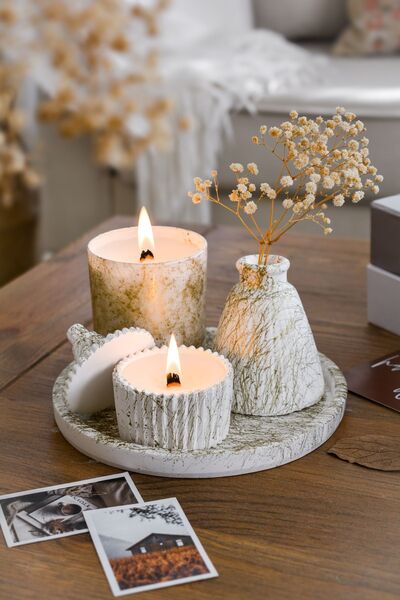 ersu store 5 Parça Varak Desenli Beton Vazo Ve Cam Bardak Soya Wax Mum Seti