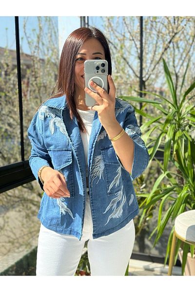 Ateilerdijle Jachetă cămașă din denim brodat albastru