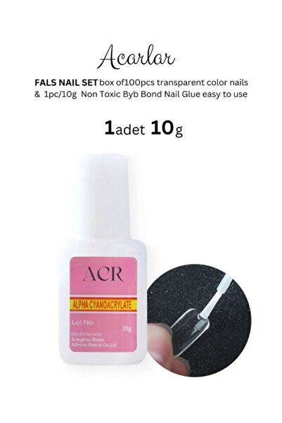 Acarlar Ticaret Yeni Nesil Pro Tırnak Seti 100LÜ Şeffaf Badem Tırnak 10 GR Fırçalı Extra Güçlü Tırnak Yapıştırıcısı