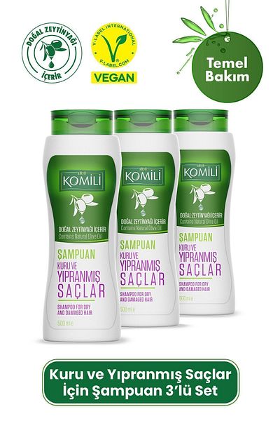 Komili Vegan Basic Care Shampoo Set of 3 - For Dry and Damaged Hair, 3 X 500 ML