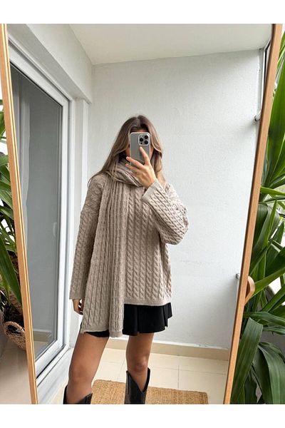 İLKCET MODA سترة تريكو ووشاح سميك - تفاصيل جديلة الشعر