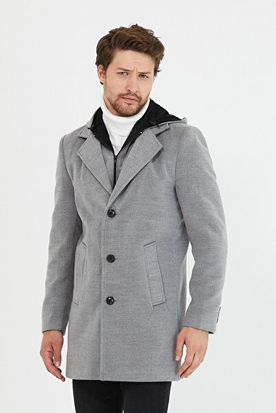 Mero Life Чоловічий відкритий сірий вовняний пальто з капюшоном, застібкою-блискавкою та ґудзиками