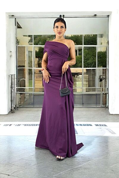 ALFUDO Moda Collection Ewo Mor Renk Kuyruklu Tek Omuz Abiye Elbisesi