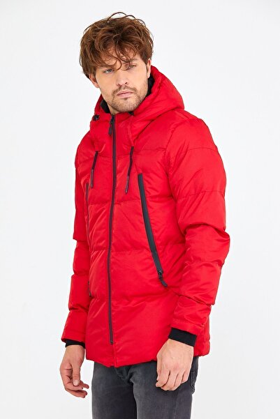 Mero Life Men's Red Slim Fit Furry Hooded Stand Collar Long Puffer Coat & Coat