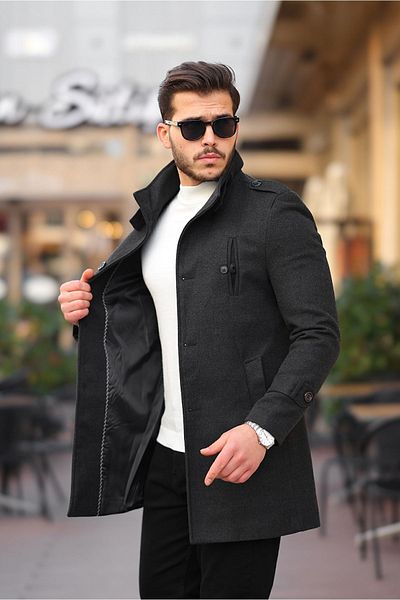 Mero Life Ανδρικό παλτό από κασμίρ με μακρό μάλλινο γιακά ανθρακί