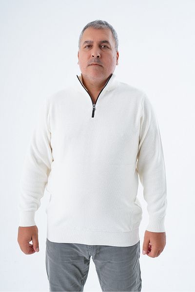 Trist Star Plus Size Men's - Ecru Rice Knit Sweater, Stand Collar, Zippered 100% Cotton Trist-2113