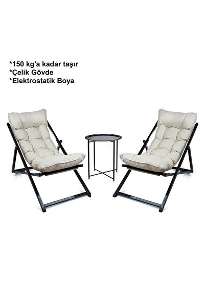 Genel Markalar Minderli - Zetas Şezlong Seti Bahçe&balkon&teras&plaj Katlanır Ikili Set - 2 Şezlong 1 Sehpa