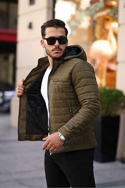 Mero Life Men's Khaki Slim Fit Hooded Suede Coat