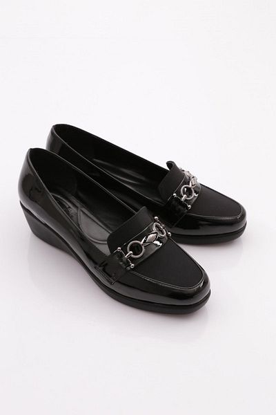 DGN 23072 Model Black Patent Leather - Wedge Heeled Women's Shoes with Metal Accessories