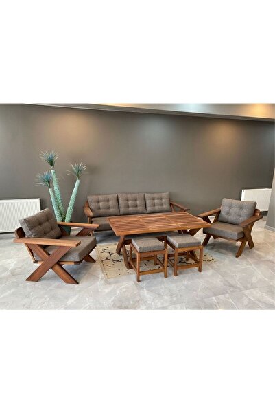 zerkaconcept Verona Masif Ahşap Bahçe Balkon Koltuk Takımı Kestane Ağacı 3+1+1 Koltuk, Masa Ve Puf Takımı Gri