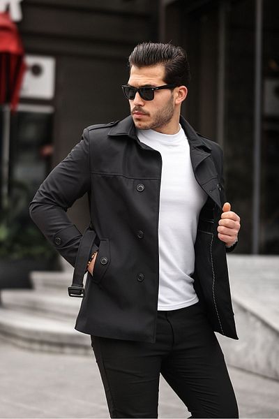 Mero Life Men's Black Seasonal Lined Belted Double Breasted Trench Coat