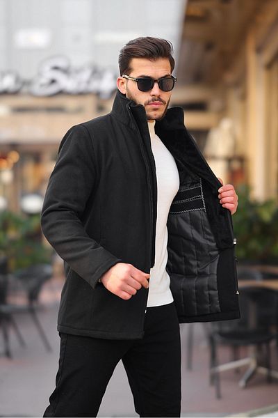 Mero Life Ανδρικό γούνινο παλτό από μαύρο μαλλί με διπλό γιακά με φερμουάρ στο μπροστινό μέρος και καπιτονέ φόδρα στο εσωτερικό
