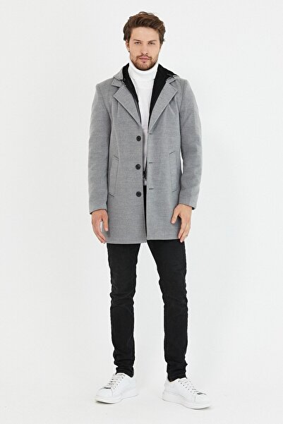 Mero Life Чоловічий відкритий сірий вовняний пальто з капюшоном, застібкою-блискавкою та ґудзиками