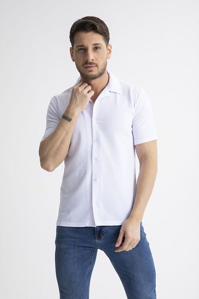 Mero Life Men's White Slim Fit Summer Short Sleeve Open Collar Cotton Fabric Shirt