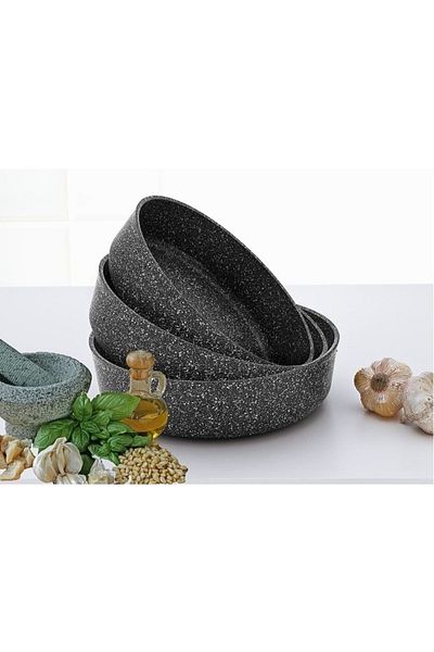 FALEZ Black Granite 3 Piece Tray Set - 26-28-30 Cm, 4mm