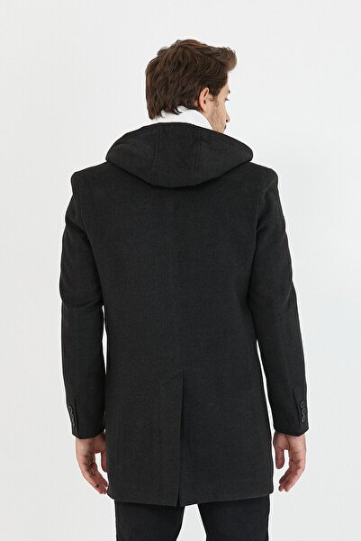Mero Life Ανδρικό μακρύ παλτό από μαλλί ανθρακί με κουκούλα κασιού με φερμουάρ και κουμπιά στο μπροστινό μέρος