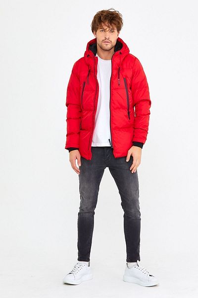Mero Life Men's Red Slim Fit Furry Hooded Stand Collar Long Puffer Coat & Coat