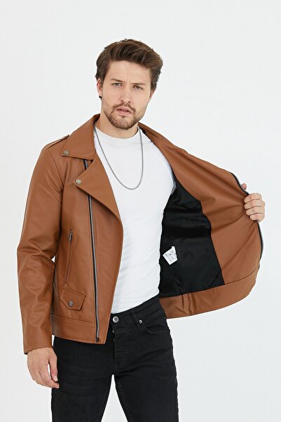 Mero Life Мъжко светлокафяво кожено яке с кръстосани ципове за нов сезон