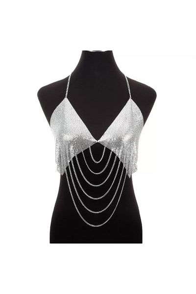 nuit dose Chain Mail Silver Armor Blouse Shiny, Metal, Degaje Collar, Chain Strap Backless Bustier