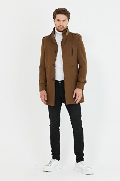 Mero Life Ανδρικό παλτό από κασμίρ με μακρύ μάλλινο γιακά