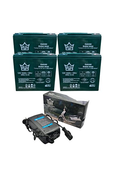 ORTEC 12v 24 Ah Elektrikli Bisiklet Aküsü 4'lü Set Jel Akü ve Ortec 48v 24ah Şarj Cihazı Seti