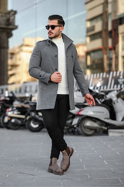 Mero Life Ανδρικό παλτό από κασμίρ με μακρό μάλλινο γιακά με γκρι λεπτή εφαρμογή