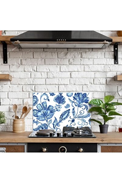 Decovetro Ocak Arkası Koruyucu Mavi Çini Çiçek Desenli 76x50cm