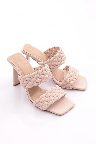 DGN C5215 Μπεζ γυναικείες παντόφλες με τακούνι Nubuck - Διπλές ρίγες, πολλαπλές