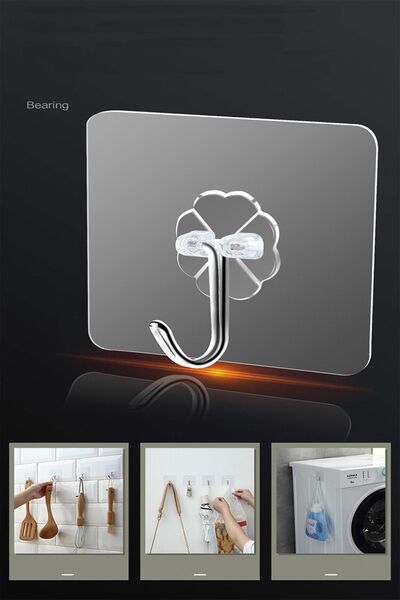 KUSTAR 8'li Çok Amaçlı Güçlü Yapışkanlı Şeffaf Askılık Banyo Mutfak Wc Kapı Dolap 180 Açıya Sahip Askılık