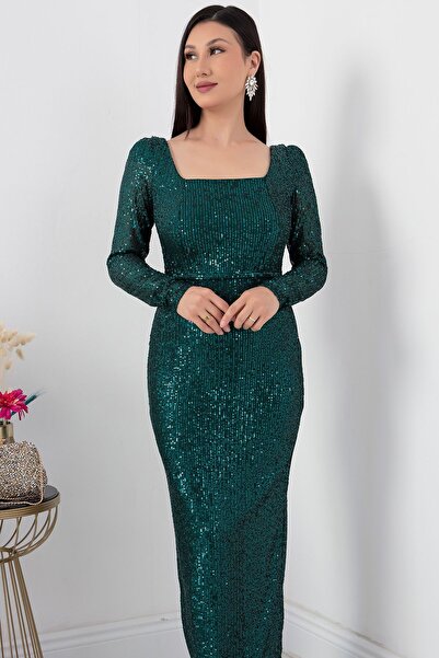 PULLIMM Kare Yaka Uzun Kol Pulpayet Elbise AP-174