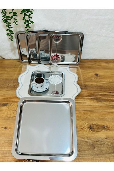 BİMOTE 6-Piece Stainless Steel 21x21cm Square Tea, Coffee, Cake Serving Tray Decorative Presentation Tray