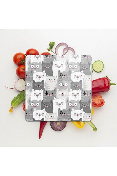 Decovetro Kity Cat Patterned Square Glass Cutting Board