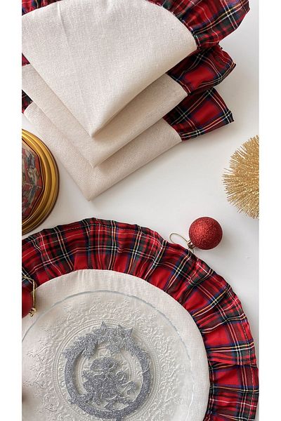White Alamode Natural Plaid Ruffled Round Placemat Set of 4 40x40cm