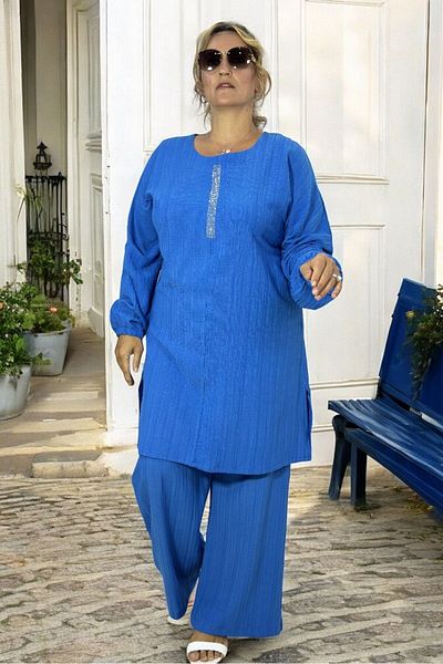 yagmurberen Plus Size - Μακρύ τουνίκ με σχισμές και πέτρινο στάμπα, ελαστικό παντελόνι μέσης και σετ δύο τεμαχίων