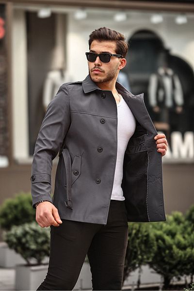 Mero Life Men's Gray Seasonal Lined Belted Double Breasted Trench Coat