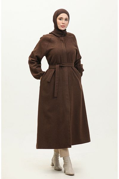 sefamerve Brown Stamp Coat - Hidden Button Detail, Model 3200-04